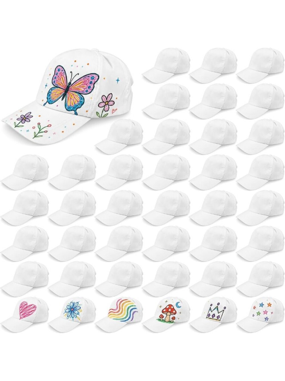 40pcs Adjustable Blank Baseball Caps - White Painting Hats for Men & Women